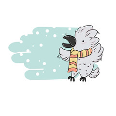 cute hand draw cockatoo wearing scarf  on snowing sky as background, idea for season greeting gift tag or card
