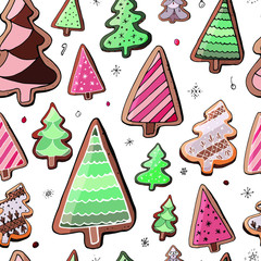 Stock endless pattern from different christmas gingerbreads with  holly berries and snowflakes. Isolated and hand drawn doodle festive backdrop. Seamless texture for holiday design. New year. - 232136870
