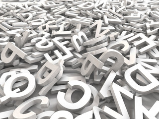 Fototapeta premium A jumbled pile of 3D illustrated white uppercase letters over a white background. Great for typegraphy, education, design, or business applications.