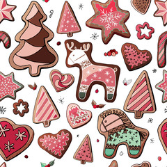 Stock endless pattern from different christmas gingerbreads with  holly berries and snowflakes....
