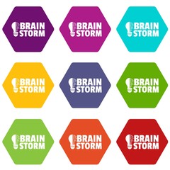 Brain storm icons 9 set coloful isolated on white for web