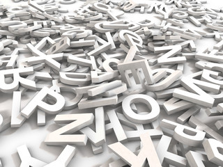 Fototapeta premium A jumbled pile of 3D illustrated white uppercase letters over a white background. Great for typegraphy, education, design, or business applications.