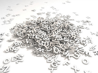 A jumbled pile of 3D illustrated white uppercase letters over a white background.  Great for typegraphy, education, design, or business applications.
