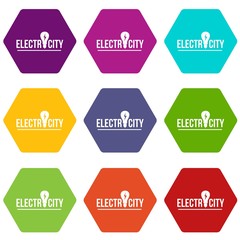 Electric city icons 9 set coloful isolated on white for web