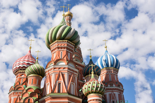The domes of St Basil’s Cathedral against picturesque sky in Moscow, Russia