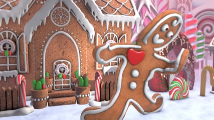 Cute Gingerbread man dancing salsa in a candy village. Seamless funny Christmas animation with gingerbread house and sweets. - Powered by Adobe
