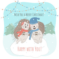 A couple of Hedgehogs are drinking coffee and loughing on the snow. Winter background decorated with colorful garland. Snow day. Vector Illustration. Eps10