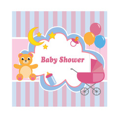 Baby shower card with a bear, a stroller, a toy and balloons. Vector illustration