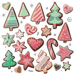 Set of different traditional christmas sweet desserts, cookies and gingerbreads with decoration and snowflakes. Isolated and hand drawn doodle new year background. Christmas card. 
