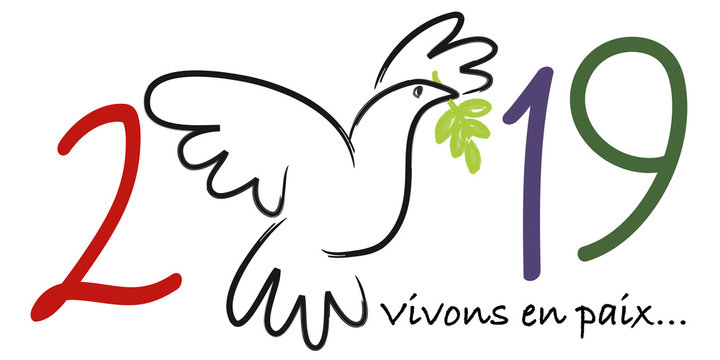 Carte de vœux 2019 sur le concept de la paix, avec le symbole d’une colombe portant une branche d’olivier et le message vivons en paix.