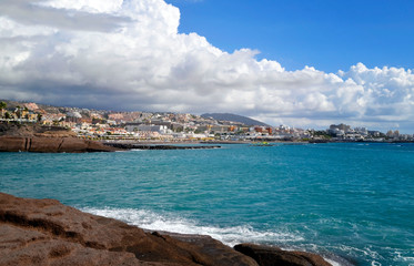 Fototapeta na wymiar Beautiful view on Atlantic ocean and coastline of Costa Adeje one of the favorite tourist destinations of Tenerife,Canary Islands, Spain.Travel or vacation concept.
