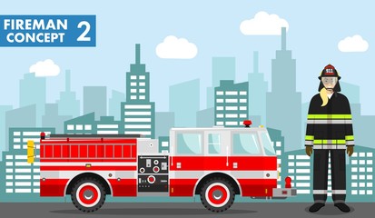 Fototapeta premium Fireman concept. Detailed illustration of man firefighter and fire truck in flat style on background with cityscape. Vector illustration.