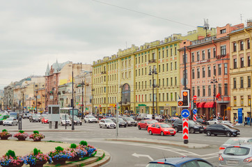 Naklejka premium Saint Petersburg, RUSSIA - July 08, 2018: A lot of cars going on the main street of St. Petersburg. The city was founded in 1703, is now the second largest city in Russia.