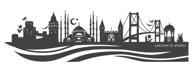 Istanbul symbols. Modern flat vector panoramic illustration of famous turkish landmarks. Black horizontal skyline silhouette with waves isolated on white background. Travel to Turkey concept design. - obrazy, fototapety, plakaty