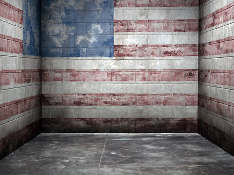The United States flag painted on the walls of an empty room