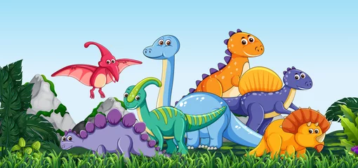 Abwaschbare Fototapete Kinderzimmer Viele Dinosaurier in der Natur