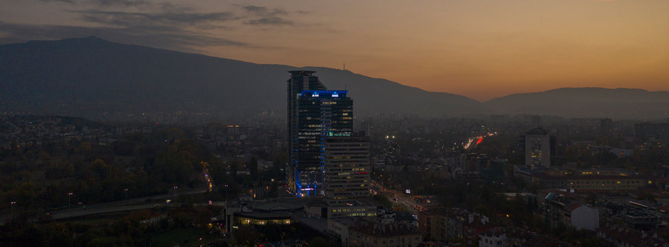 Sofia Aerial view of Sofia city at night