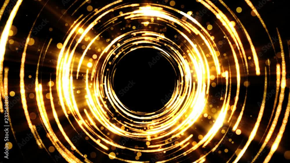 Poster golden background for celebration with particles and light circles. shiny abstract tunnel with ring.