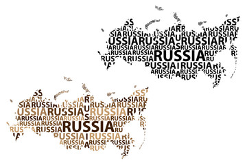 Sketch Russia letter text map, Russian Federation - in the shape of the continent, Map Russia - brown and black vector illustration