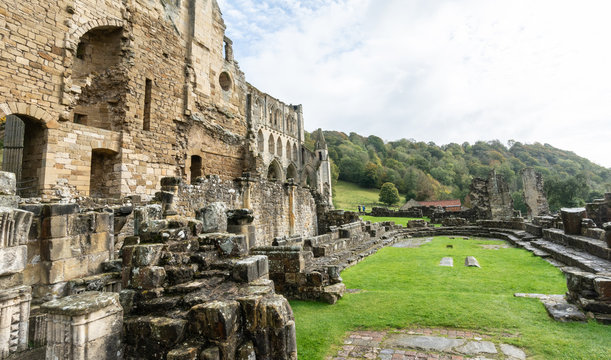The ruins of the church Abbey. A shell of a building, stone walls and window arches largely intact but no roof