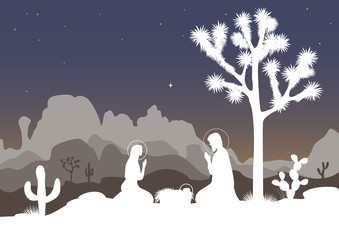 Saint family and the Joshua tree, cactus, and mountains background. Vector illustration