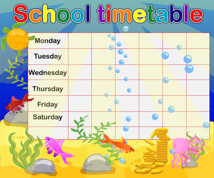 School timetable with marine themes, table, underwater world