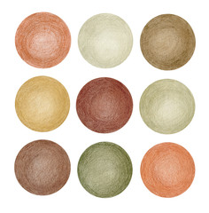 Circles, green&brown colors, color pencils, hand drawn, high resolution, isolated on white