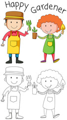 Doodle gardener character on white background