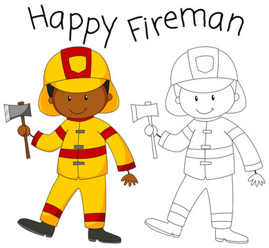 Happy fireman with an axe