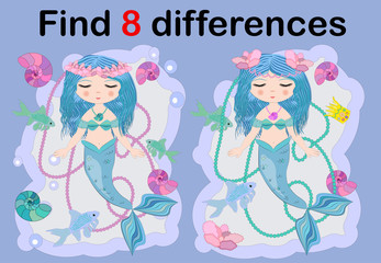 Education game for preschool kids, find the differences. Beautiful mermaid with a string of pearls. Cartoon illustration.