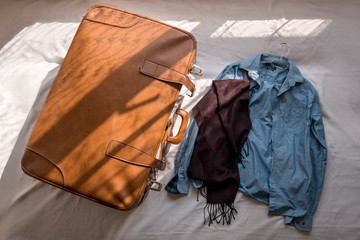 travel bag  in bed room. Preparing for traveling
