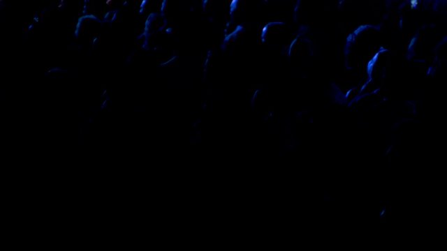 Cheering crowd silhouettes at live concert. Panoramic plane shift