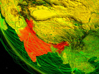 India on digital planet Earth from space with network. Concept of international communication, technology and travel.