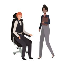 man sitting in office chair and woman standing