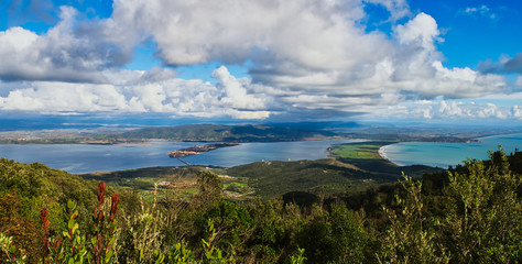 A wide view of Orbetello and Feniglia from the top of Monte Argentario in Tuscany,Italy - obrazy, fototapety, plakaty