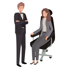 woman sitting in office chair and man standing