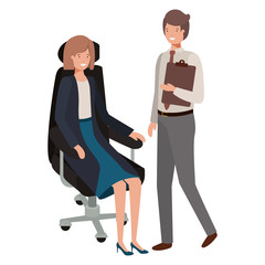 woman sitting in office chair and man standing