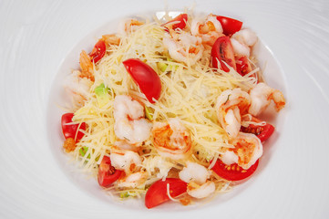 delicious shrimp and tomato salad with marinated feta cheese and toast, isolated