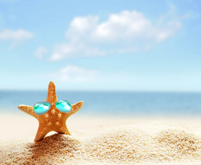 Fototapeta na wymiar Beach. Summer. Starfish in sunglasses on the seashore.