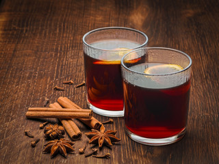 Hot mulled homemade wine in glasses