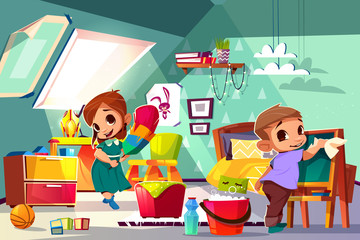 Brother and sister cleaning in kids bedroom cartoon vector illustration with boy and girl characters washing furniture, wiping dust. Household chores for kids, children helping mother around the house