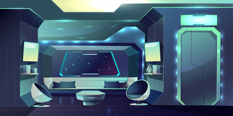 Future spaceship crew cabin futuristic interior cartoon vector illustration. Fiction live space station internal arrangement, apartment of hotel on Earth orbit, planet colonists comfortable dwelling © vectorpouch
