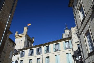 Houses and architecture in the medieval village of Uzes in the Gard region of Provence, France