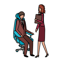 man sitting in office chair and woman standing