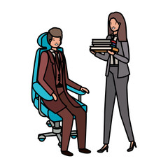 man sitting in office chair and woman with book