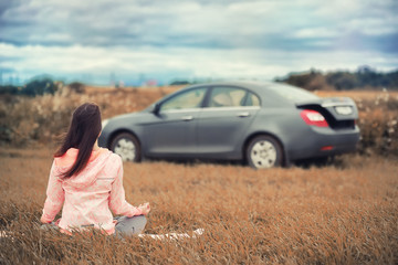 The girl in yoga on the outdoor