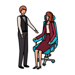 man sitting in office chair and woman standing