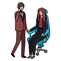 woman sitting in office chair and man standing