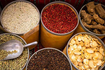 Colorful spices on the traditional arabic souk market.