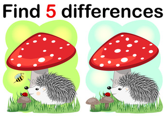 Children games: Find differences. Little cute hedgehog with mushrooms.